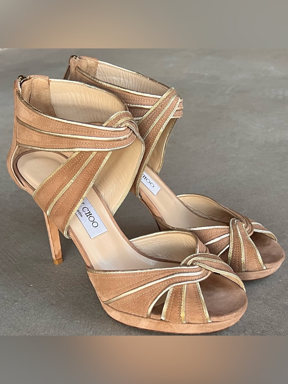 Jimmy Choo Koko Nude Beige Suede Gold Piped Strappy Platform Heels Sandals 39